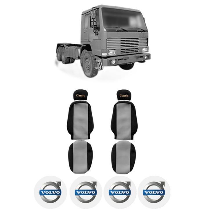 Set Huse Scaune Camion Tir VOLVO FL12 din 1995-1998, Auto, Model CLASSIC, Culoare Gri, 4x Stickere auto cu VOLVO