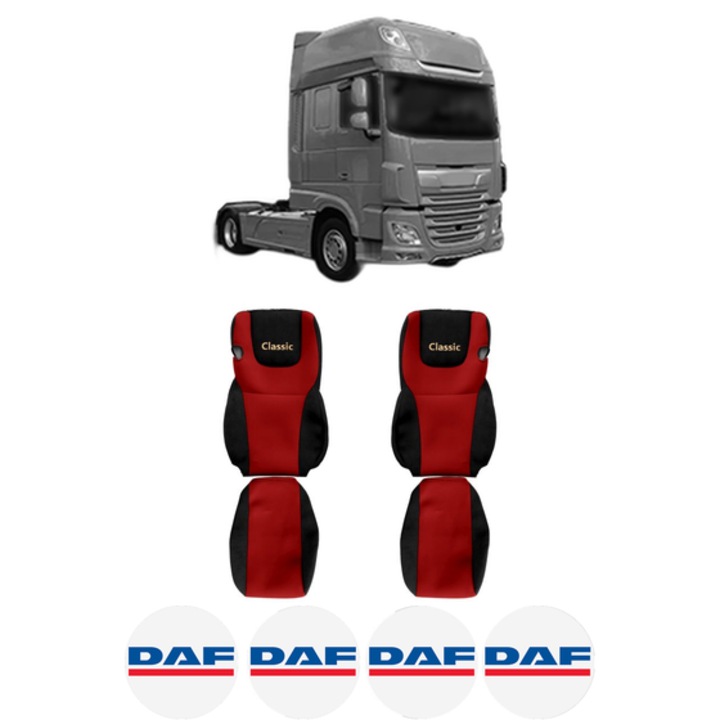 Set Huse Scaune Camion Tir DAF XF 106 din 2012-2017, Auto, Model CLASSIC, Culoare Rosu, 4x Stickere auto cu DAF