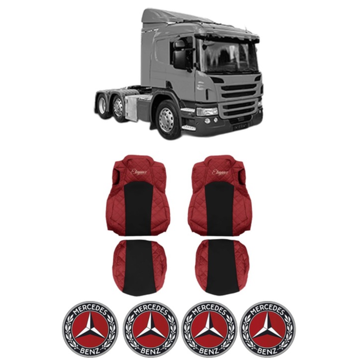 Set Huse Scaune Camion Tir MERCEDES-BENZ P I din 2003-2019, Auto, Model ELEGANCE Q, Culoare Gri, 4x Stickere auto cu MERCEDES-BENZ