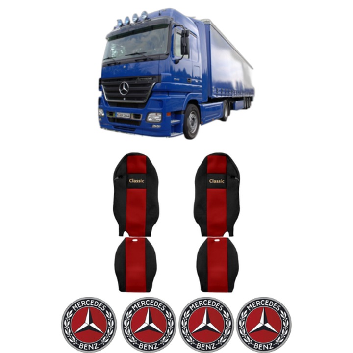Set Huse Scaune Camion Tir MERCEDES-BENZ ACTROS MP2 / MP3 din 2002-2009, Auto, Model CLASSIC, Culoare Rosu, 4x Stickere auto cu MERCEDES-BENZ