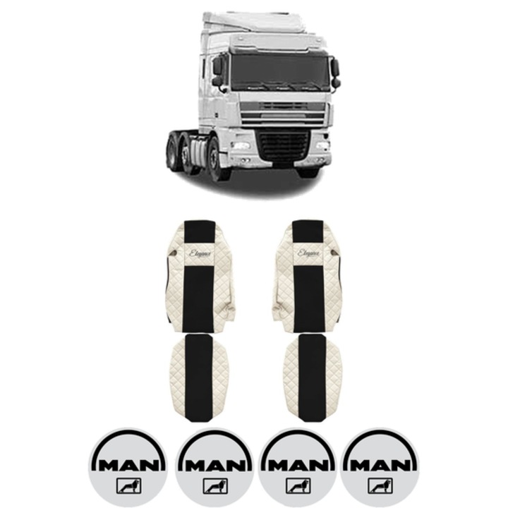 Set Huse Scaune Camion Tir MAN XF 105 din 2005-2013, Auto, Model ELEGANCE Q, Culoare Bej, 4x Stickere auto cu MAN
