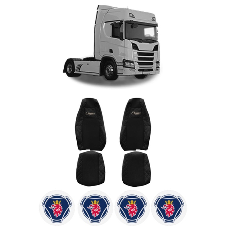 Set Huse Scaune Camion Tir SCANIA R II din 2016-2024, Auto, Model ELEGANCE Q, Culoare Negru, 4x Stickere auto cu SCANIA