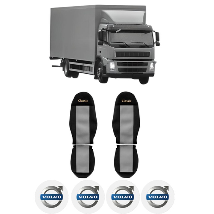 Set Huse Scaune Camion Tir VOLVO FM din 2005-2008, Auto, Model CLASSIC, Culoare Gri, 4x Stickere auto cu VOLVO