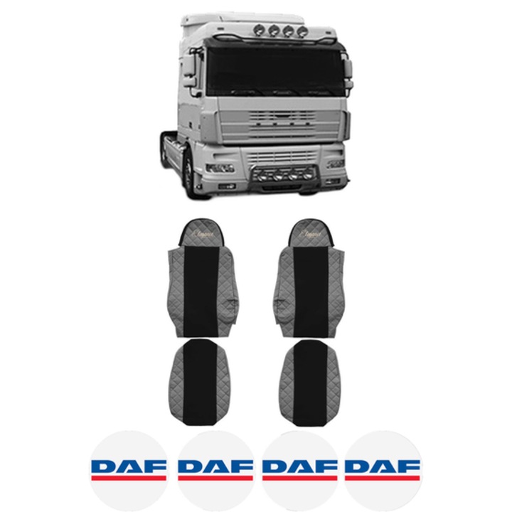 Set Huse Scaune Camion Tir DAF XF 95 din 2002-2006, Auto, Model ELEGANCE Q, Culoare Gri, 4x Stickere auto cu DAF