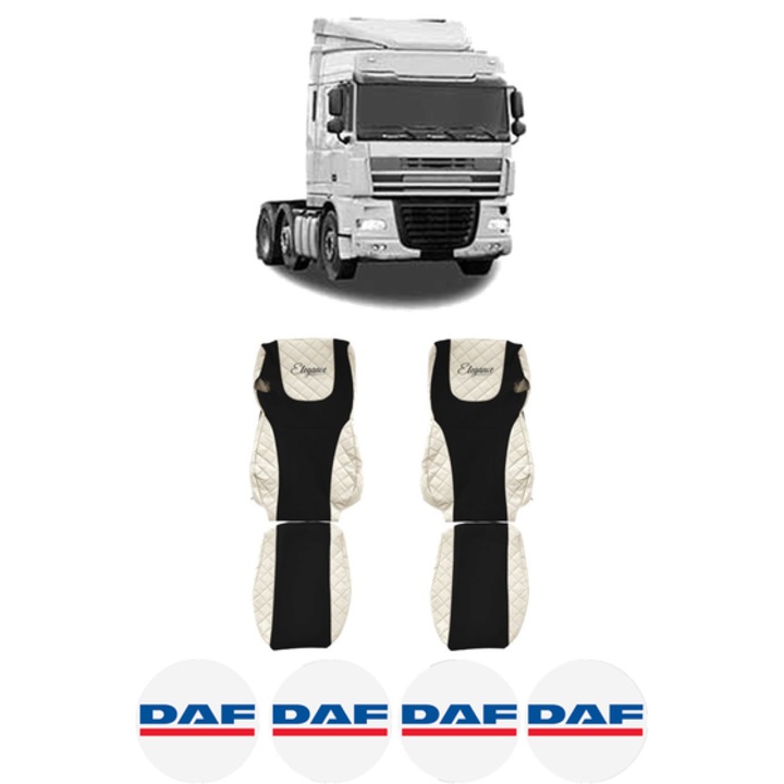 Set Huse Scaune Camion Tir DAF XF 105 din 2005-2013, Auto, Model ELEGANCE Q, Culoare Bej, 4x Stickere auto cu DAF