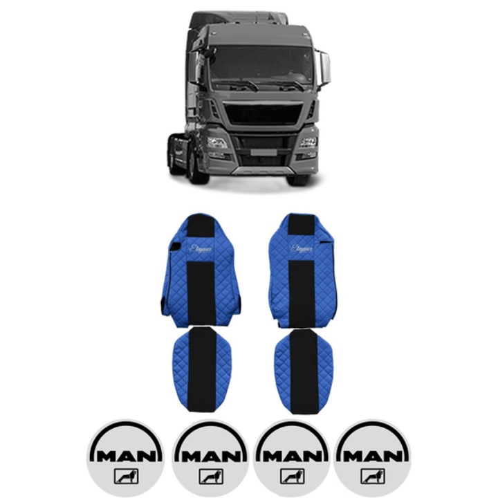 Set Huse Scaune Camion Tir MAN TGX I din 2006-2021, Auto, Model ELEGANCE Q, Culoare Albastru, 4x Stickere auto cu MAN