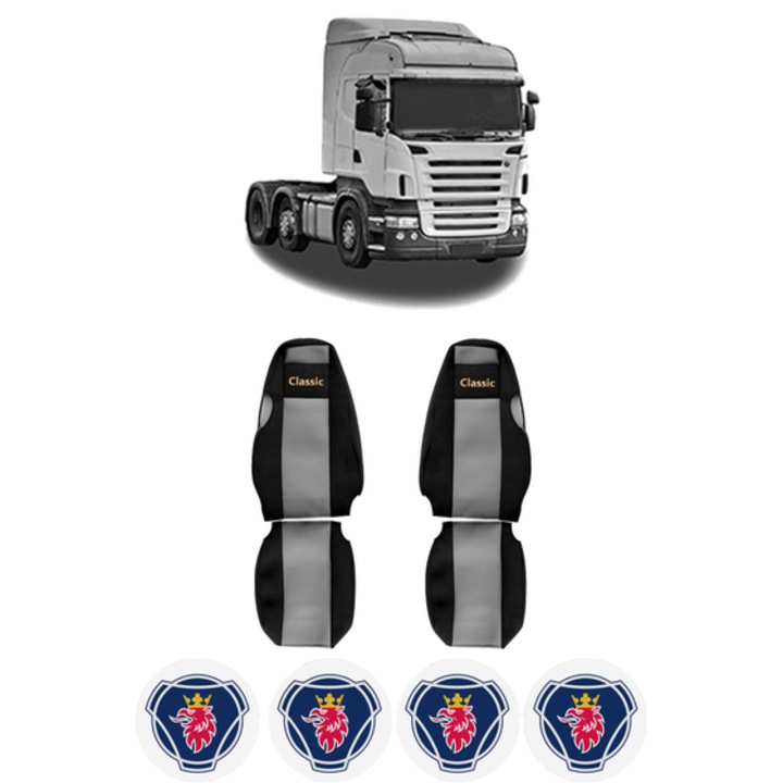 Set Huse Scaune Camion Tir SCANIA 4 - series din 1995-2008, Auto, Model CLASSIC, Culoare Gri, 4x Stickere auto cu SCANIA