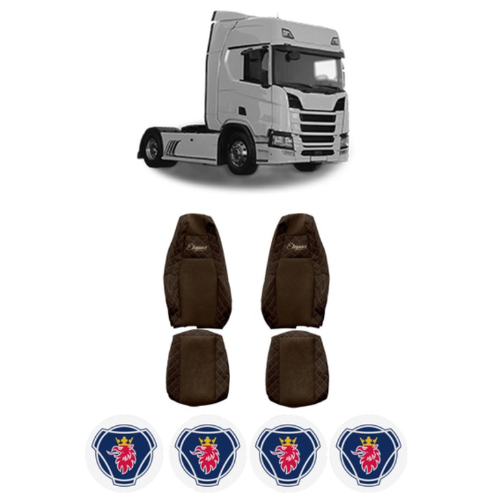 Set Huse Scaune Camion Tir SCANIA R II din 2016-2024, Auto, Model ELEGANCE Q, Culoare Maro, 4x Stickere auto cu SCANIA
