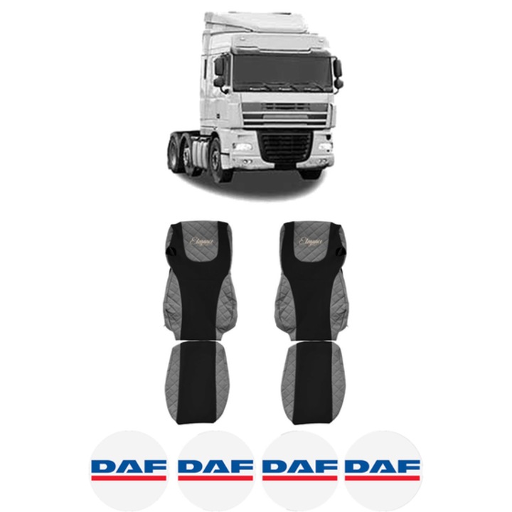 Set Huse Scaune Camion Tir DAF XF 105 din 2005-2013, Auto, Model ELEGANCE Q, Culoare Gri, 4x Stickere auto cu DAF
