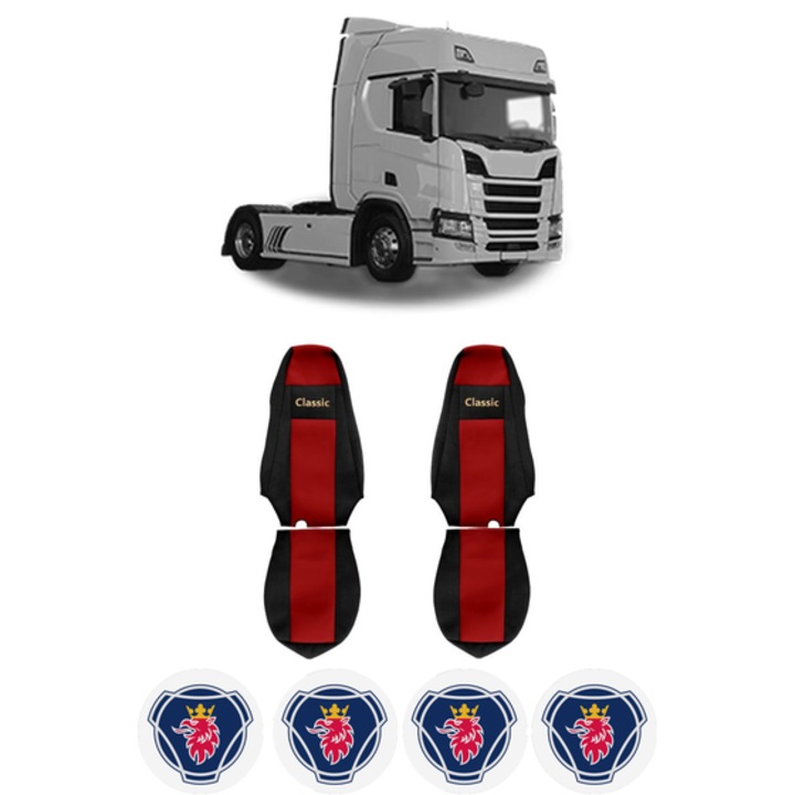 Set Huse Scaune Camion Tir SCANIA R II din 2016-2024, Auto, Model CLASSIC, Culoare Rosu, 4x Stickere auto cu SCANIA