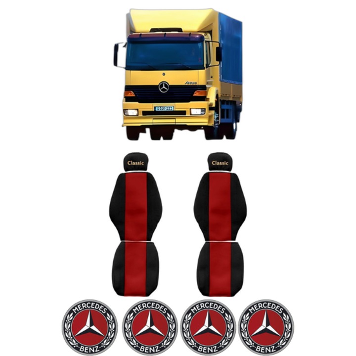Set Huse Scaune Camion Tir MERCEDES-BENZ ATEGO din 1998-2004, Auto, Model CLASSIC, Culoare Rosu, 4x Stickere auto cu MERCEDES-BENZ