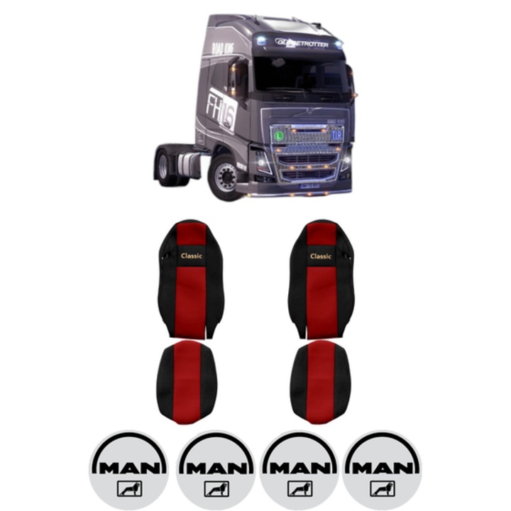 Set Huse Scaune Camion Tir MAN FH16 II din 2012-2014, Auto, Model CLASSIC, Culoare Rosu, 4x Stickere auto cu MAN