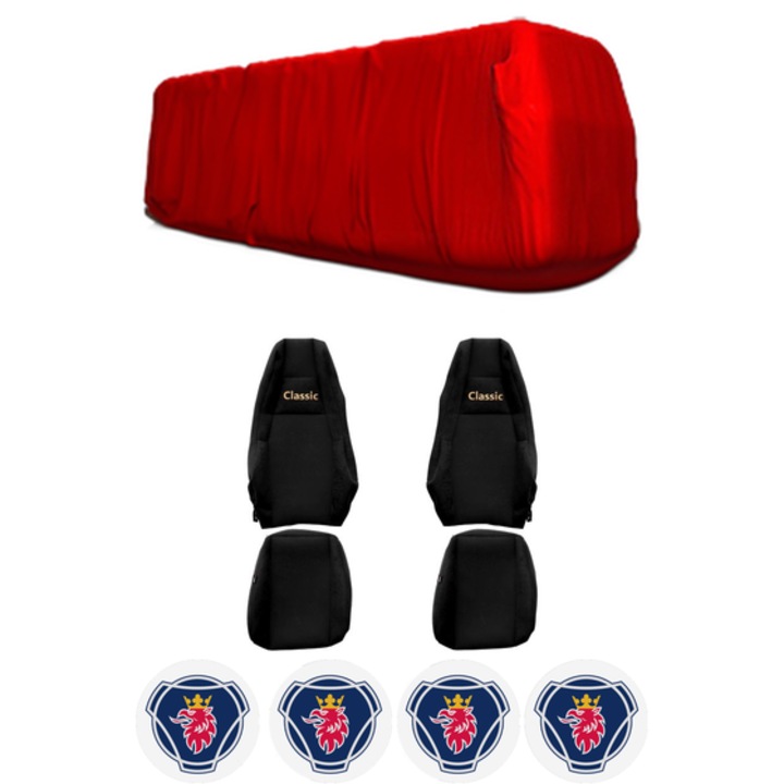 Set Huse Scaune Camion Tir SCANIA L din 2017-2023, Auto, Model CLASSIC, Culoare Negru, 4x Stickere auto cu SCANIA