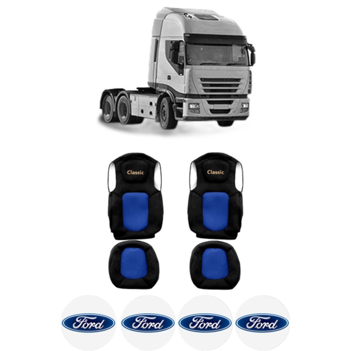 Set Huse Scaune Camion Tir FORD STRALIS II din 2012-2017, Auto, Model CLASSIC, Culoare Albastru, 4x Stickere auto cu FORD