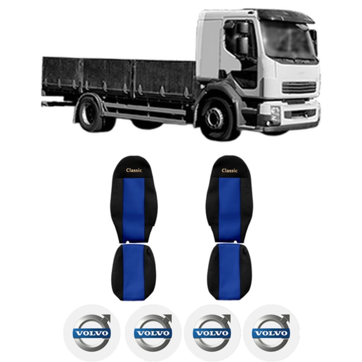 Set Huse Scaune Camion Tir VOLVO FL II din 2006-2009, Auto, Model CLASSIC, Culoare Albastru, 4x Stickere auto cu VOLVO