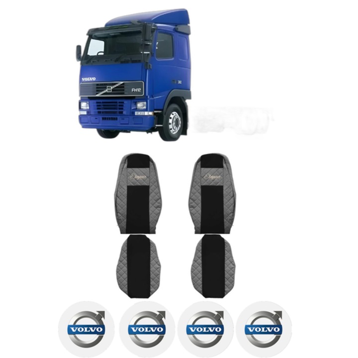 Set Huse Scaune Camion Tir VOLVO FH12 din 1993-2005, Auto, Model ELEGANCE Q, Culoare Gri, 4x Stickere auto cu VOLVO