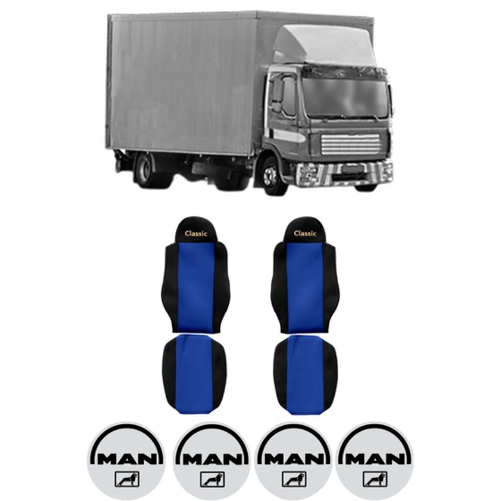 Set Huse Scaune Camion Tir MAN TGL I din 2004-2022, Auto, Model CLASSIC, Culoare Albastru, 4x Stickere auto cu MAN