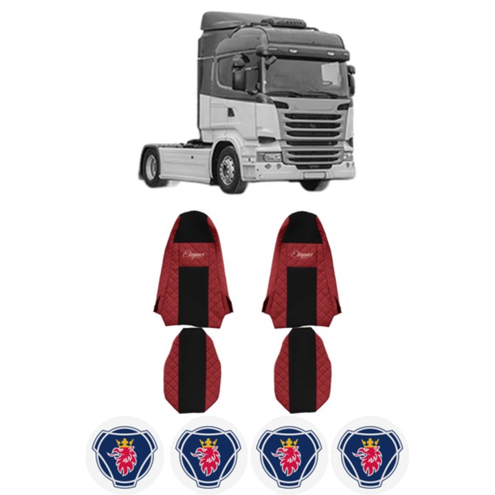Set Huse Scaune Camion Tir SCANIA R I din 2004-2019, Auto, Model ELEGANCE Q, Culoare Rosu, 4x Stickere auto cu SCANIA