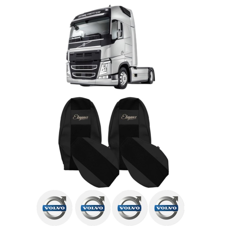 Set Huse Scaune Camion Tir VOLVO FM II din 2012-2017, Auto, Model ELEGANCE S, Culoare Negru, 4x Stickere auto cu VOLVO
