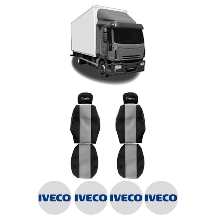 Set Huse Scaune Camion Tir IVECO EUROCARGO I-III din 1991-2015, Auto, Model CLASSIC, Culoare Gri, 4x Stickere auto cu IVECO