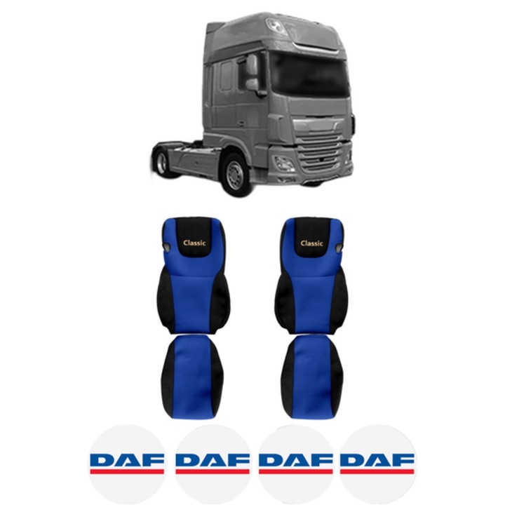 Set Huse Scaune Camion Tir DAF XF 106 din 2012-2017, Auto, Model CLASSIC, Culoare Albastru, 4x Stickere auto cu DAF