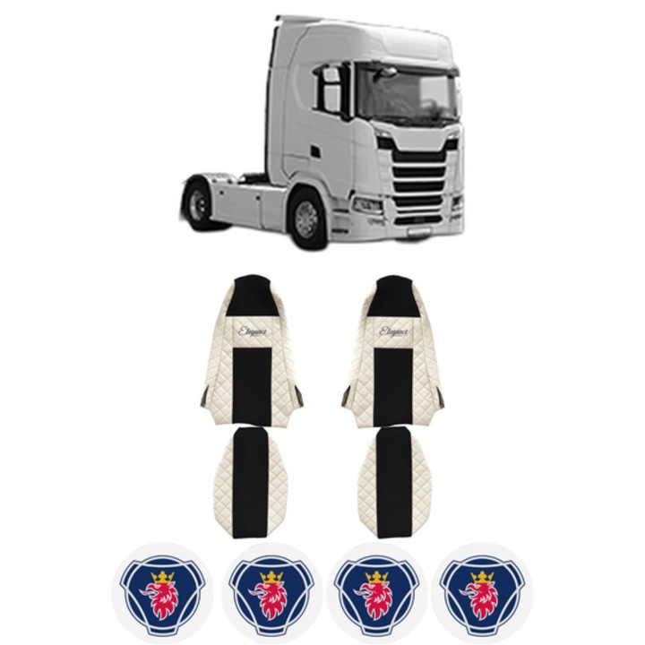 Set Huse Scaune Camion Tir SCANIA S din 2016-2023, Auto, Model ELEGANCE Q, Culoare Bej, 4x Stickere auto cu SCANIA