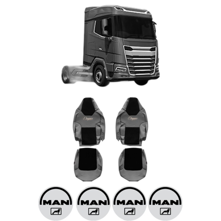 Set Huse Scaune Camion Tir MAN XF II din 2021-2023, Auto, Model ELEGANCE S, Culoare Gri, 4x Stickere auto cu MAN
