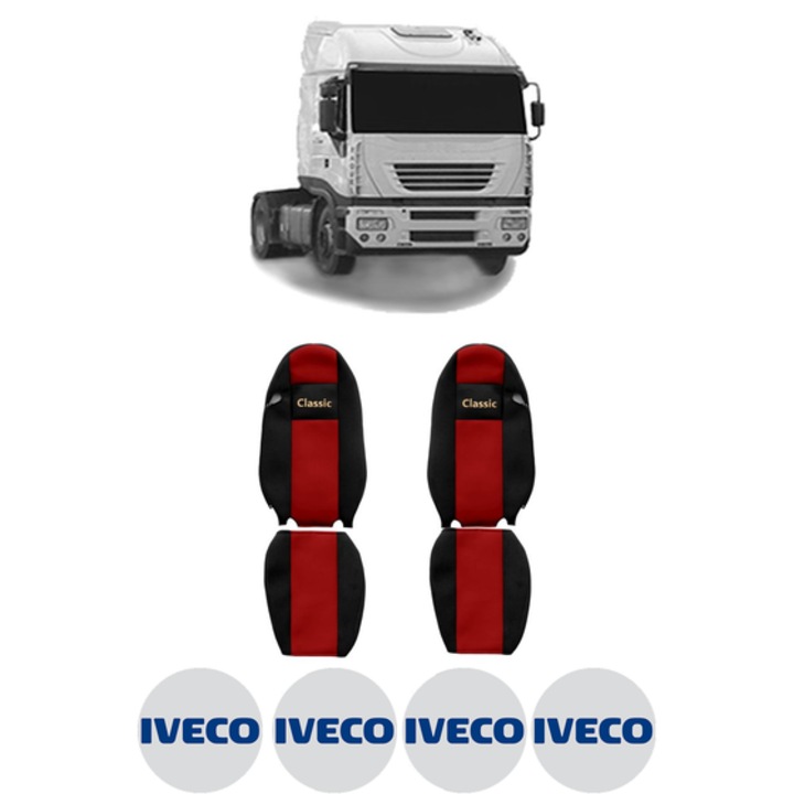 Set Huse Scaune Camion Tir IVECO STRALIS I din 2002-2013, Auto, Model CLASSIC, Culoare Rosu, 4x Stickere auto cu IVECO