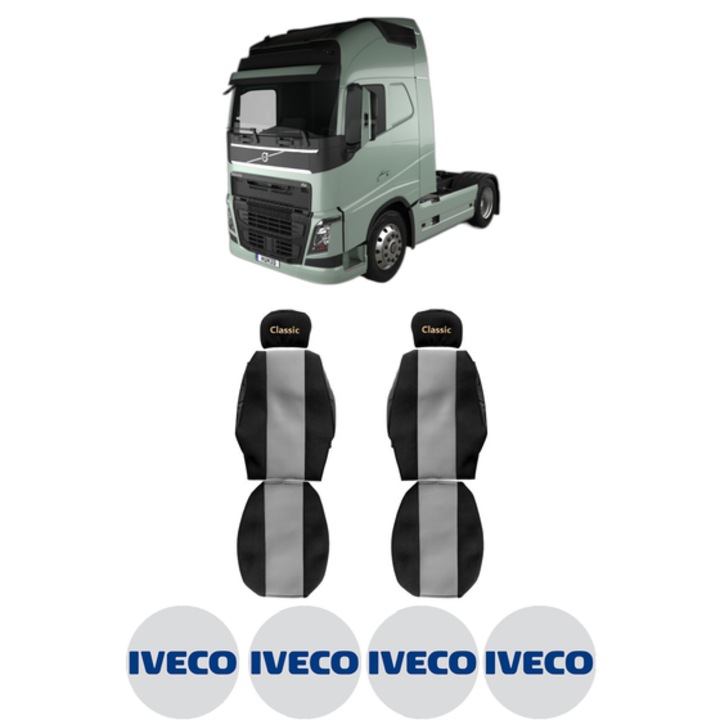 Set Huse Scaune Camion Tir IVECO FH II din 2012-2017, Auto, Model CLASSIC, Culoare Gri, 4x Stickere auto cu IVECO