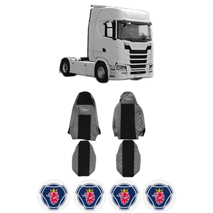 Set Huse Scaune Camion Tir SCANIA S din 2016-2023, Auto, Model ELEGANCE Q, Culoare Gri, 4x Stickere auto cu SCANIA
