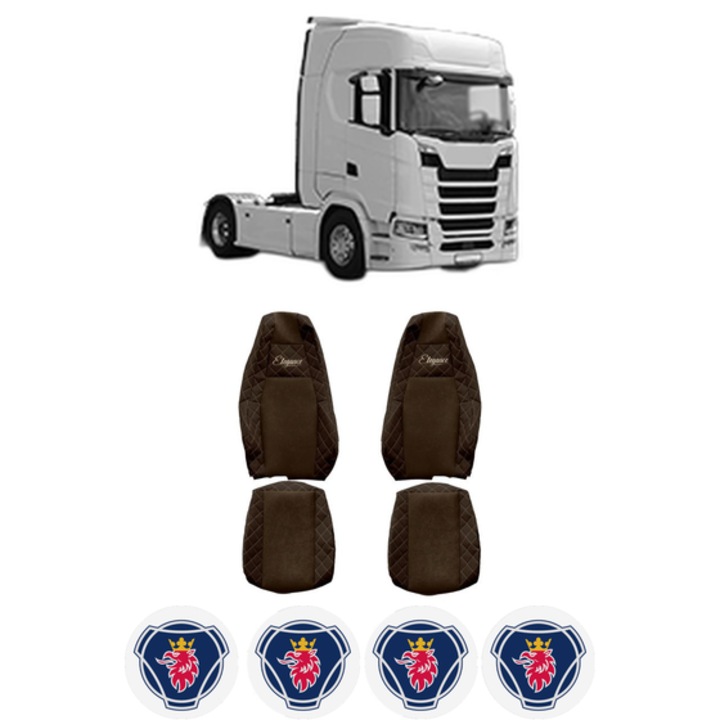 Set Huse Scaune Camion Tir SCANIA S din 2016-2023, Auto, Model ELEGANCE Q, Culoare Maro, 4x Stickere auto cu SCANIA