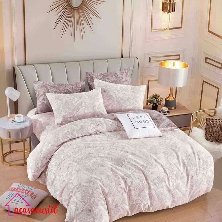 Lenjerie de pat din finet, 6 piese, model botanic cu frunze tropicale, cearsaf cu elastic 180x200 cm, cearsaf pilota 200x220 cm, fete de perna 50x70 si 70x70 cm, Crem-Lila