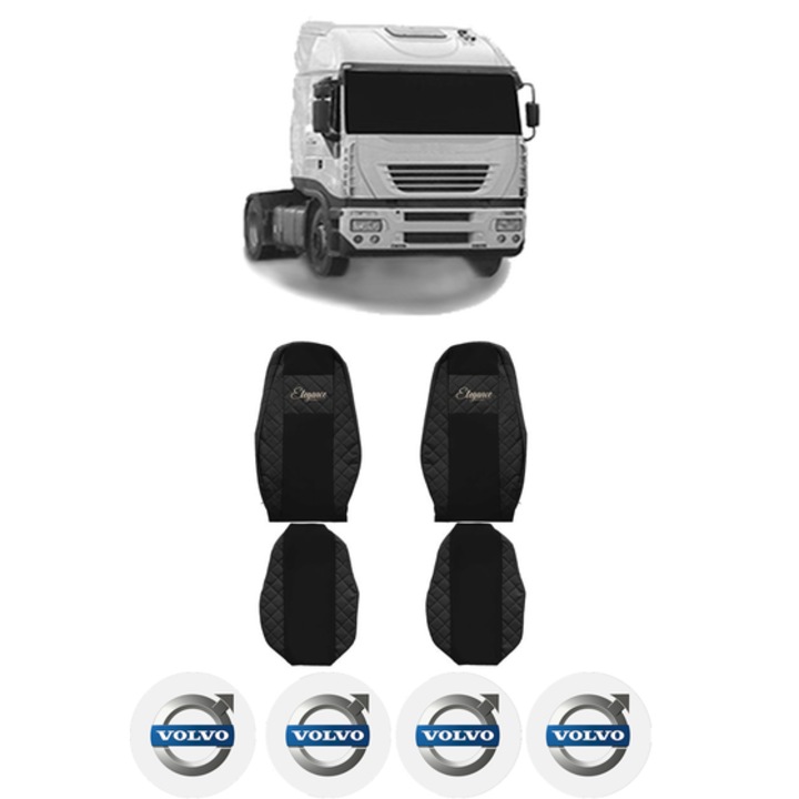 Set Huse Scaune Camion Tir VOLVO STRALIS I din 2002-2013, Auto, Model ELEGANCE Q, Culoare Negru, 4x Stickere auto cu VOLVO