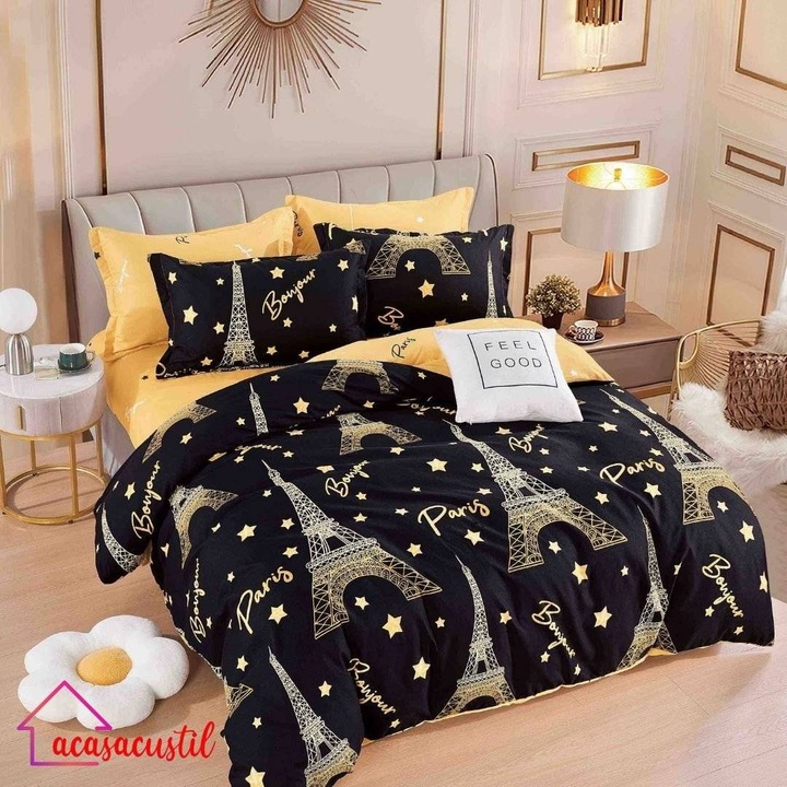 Lenjerie de pat din finet, 6 piese, model romantic Paris cu Turnul Eiffel auriu, cearsaf cu elastic 180x200 cm, cearsaf pilota 200x220 cm, fete de perna 50x70 si 70x70 cm, Negru-Galben