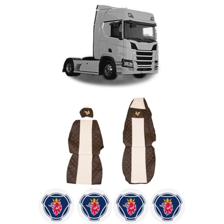 Set Huse Scaune Camion Tir SCANIA R II din 2016-2024, Auto, Model ELEGANCE Q, Culoare Bej, 4x Stickere auto cu SCANIA