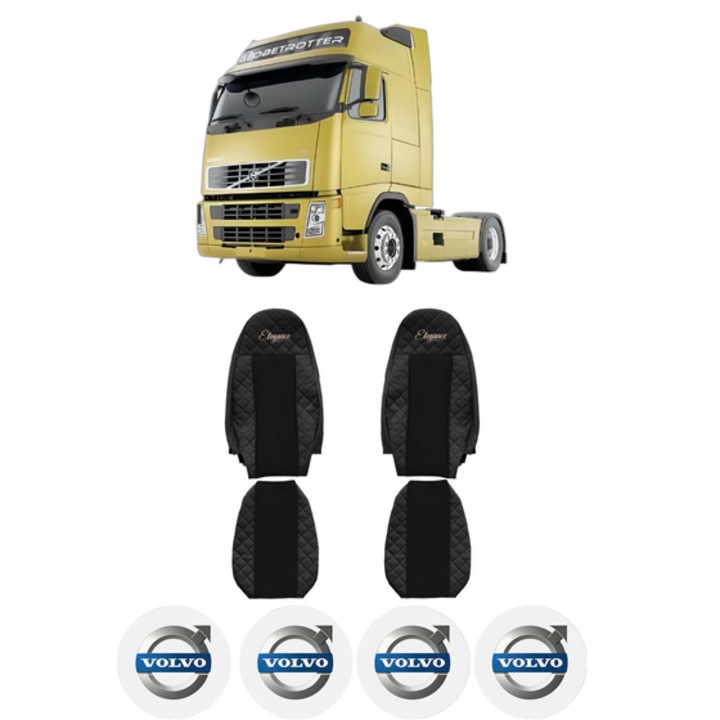Set Huse Scaune Camion Tir VOLVO FH din 2005-2009, Auto, Model ELEGANCE Q, Culoare Negru, 4x Stickere auto cu VOLVO