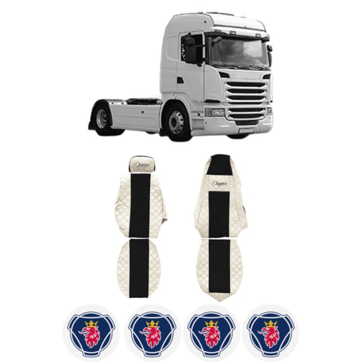 Set Huse Scaune Camion Tir SCANIA G I din 2003-2019, Auto, Model ELEGANCE Q, Culoare Bej, 4x Stickere auto cu SCANIA
