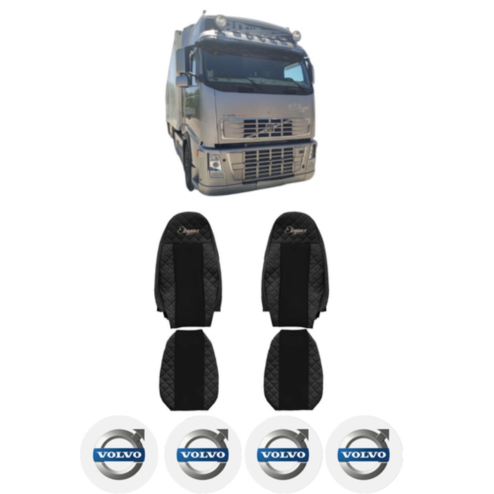 Set Huse Scaune Camion Tir VOLVO FH16 din 1993-2012, Auto, Model ELEGANCE Q, Culoare Negru, 4x Stickere auto cu VOLVO