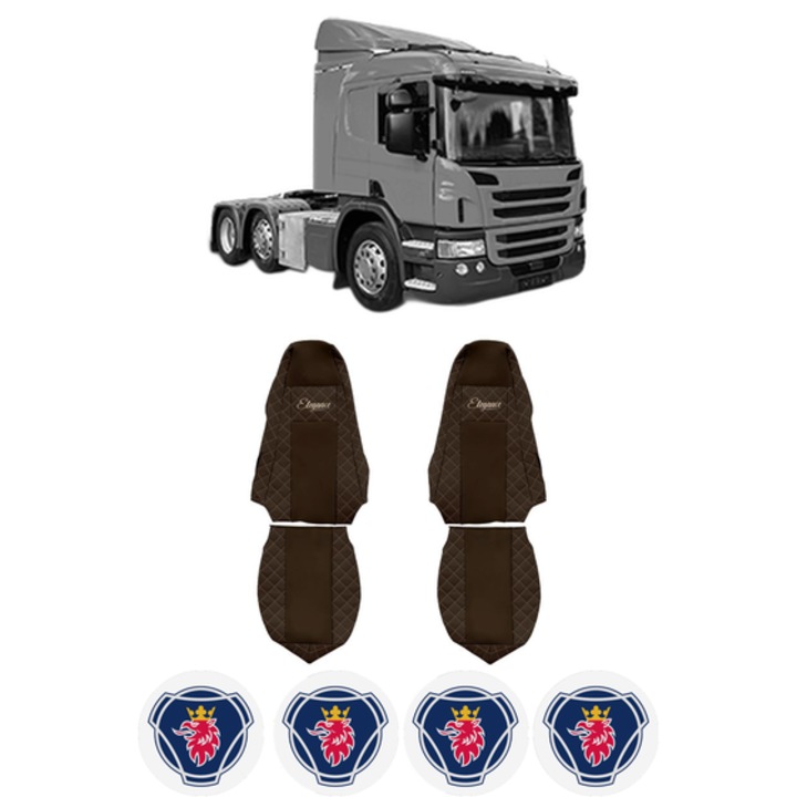 Set Huse Scaune Camion Tir SCANIA P I din 2003-2019, Auto, Model ELEGANCE Q, Culoare Maro, 4x Stickere auto cu SCANIA
