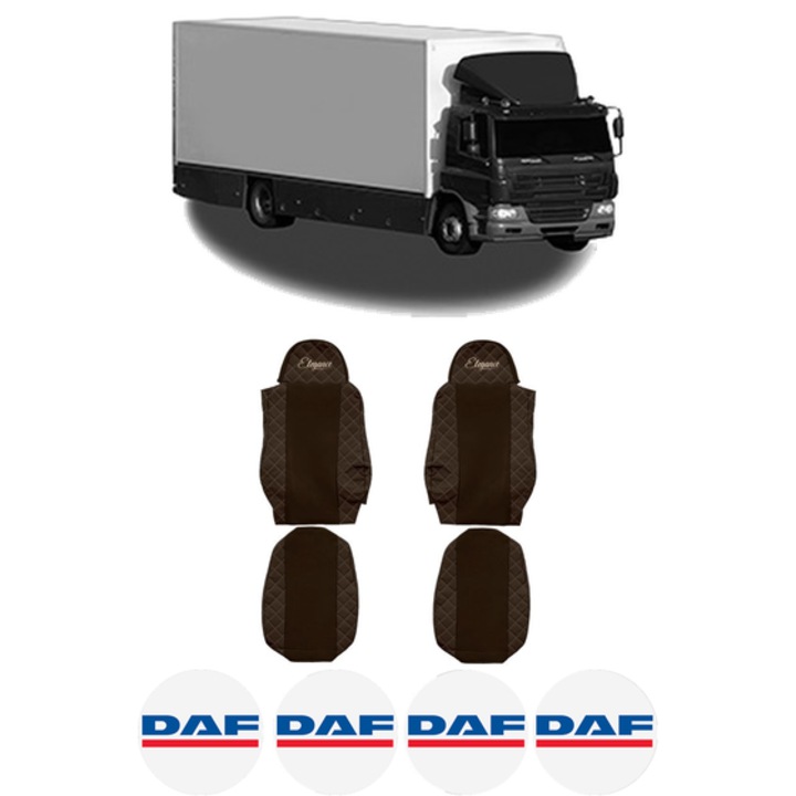 Set Huse Scaune Camion Tir DAF CF 65 din 2001-2013, Auto, Model ELEGANCE Q, Culoare Maro, 4x Stickere auto cu DAF