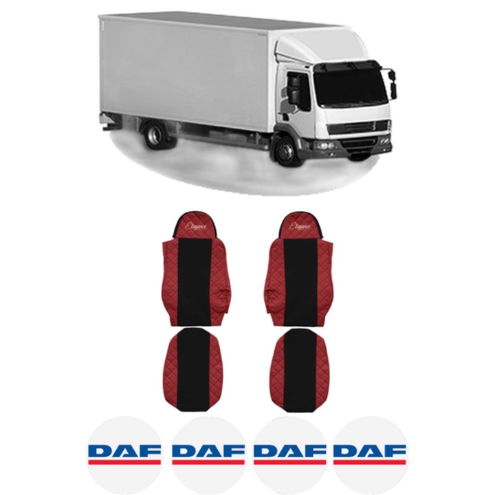 Set Huse Scaune Camion Tir DAF LF 45 din 2001-2009, Auto, Model ELEGANCE Q, Culoare Rosu, 4x Stickere auto cu DAF