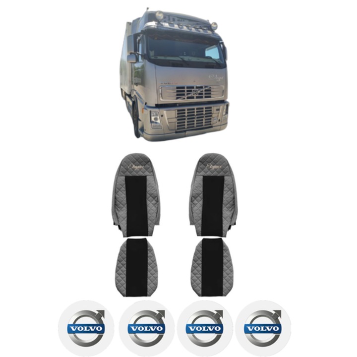 Set Huse Scaune Camion Tir VOLVO FH16 din 1993-2012, Auto, Model ELEGANCE Q, Culoare Gri, 4x Stickere auto cu VOLVO