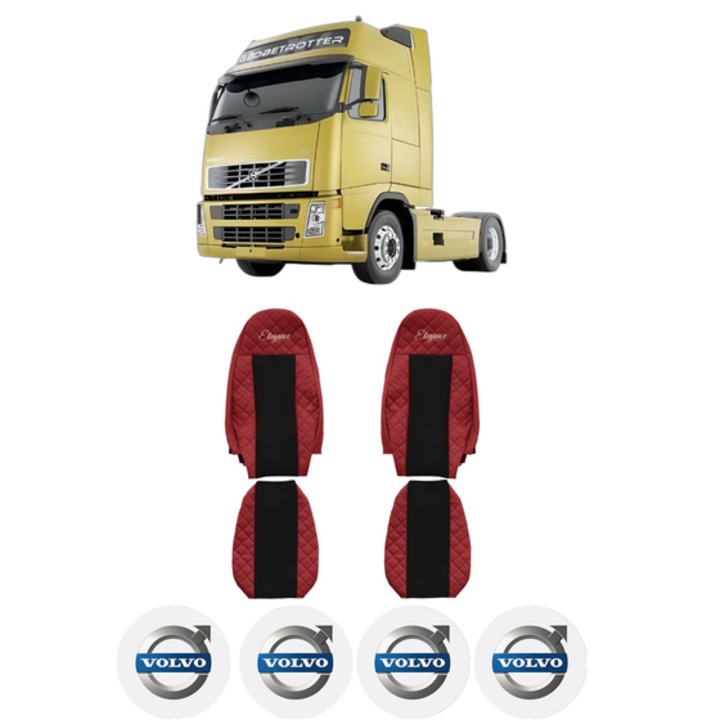 Set Huse Scaune Camion Tir VOLVO FH din 2005-2009, Auto, Model ELEGANCE Q, Culoare Rosu, 4x Stickere auto cu VOLVO