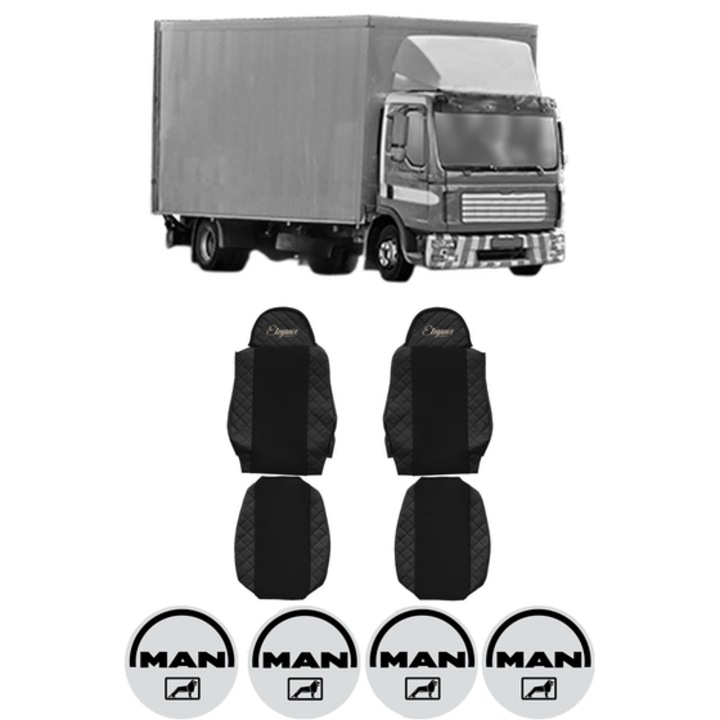 Set Huse Scaune Camion Tir MAN TGL I din 2004-2022, Auto, Model ELEGANCE Q, Culoare Negru, 4x Stickere auto cu MAN