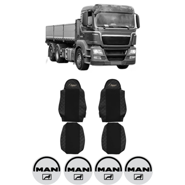 Set Huse Scaune Camion Tir MAN TGS I din 2005-2022, Auto, Model ELEGANCE Q, Culoare Negru, 4x Stickere auto cu MAN
