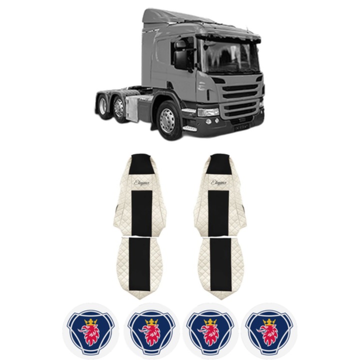 Set Huse Scaune Camion Tir SCANIA P I din 2003-2019, Auto, Model ELEGANCE Q, Culoare Bej, 4x Stickere auto cu SCANIA