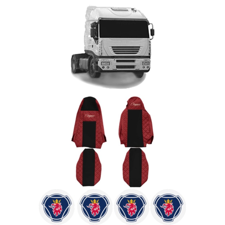 Set Huse Scaune Camion Tir SCANIA STRALIS I din 2002-2013, Auto, Model ELEGANCE Q, Culoare Rosu, 4x Stickere auto cu SCANIA