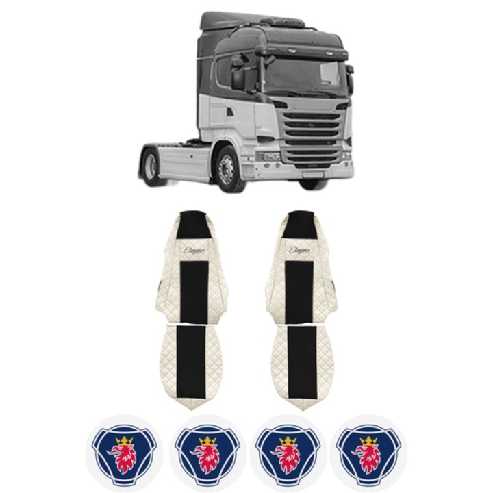 Set Huse Scaune Camion Tir SCANIA R I din 2004-2019, Auto, Model ELEGANCE Q, Culoare Bej, 4x Stickere auto cu SCANIA