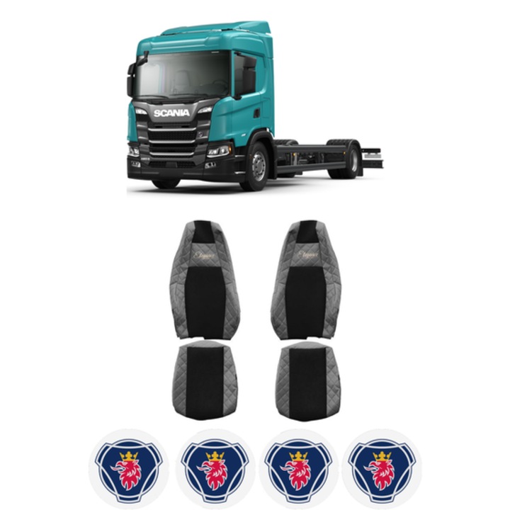 Set Huse Scaune Camion Tir SCANIA G II din 2017-2023, Auto, Model ELEGANCE Q, Culoare Gri, 4x Stickere auto cu SCANIA