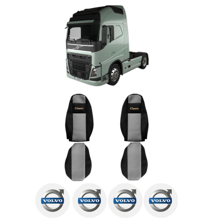 Set Huse Scaune Camion Tir VOLVO FH II din 2012-2017, Auto, Model CLASSIC, Culoare Gri, 4x Stickere auto cu VOLVO